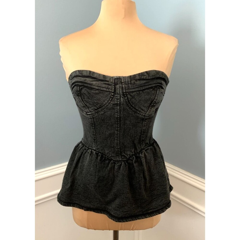 La Armario Top Womens M Corset Bustier Peplum Smocked Pre-Washed Black Denim